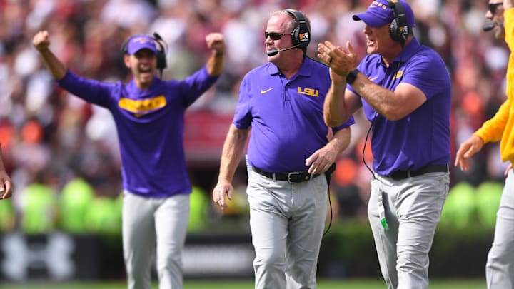 Sep 14, 2024; Columbia, South Carolina, USA; LSU Tigers head coach Brian Kelly reacts during the fourth quarter against the South Carolina Gamecocks at Williams-Brice Stadium. Mandatory Credit: Ken Ruinard/USA TODAY Network via Imagn Images