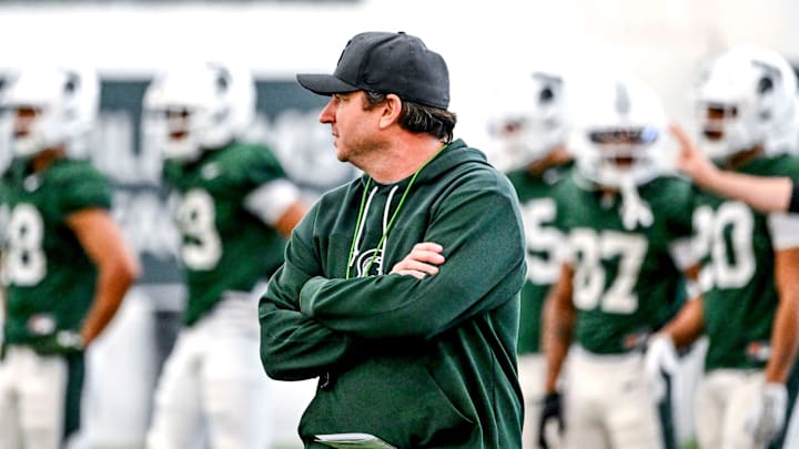 Michigan State head coach Jonathan Smith looks on during practice on Tuesday, April 8, 2025, in East Lansing. Michigan State head coach Jonathan Smith looks on during practice on Tuesday, April 8, 2025, in East Lansing.