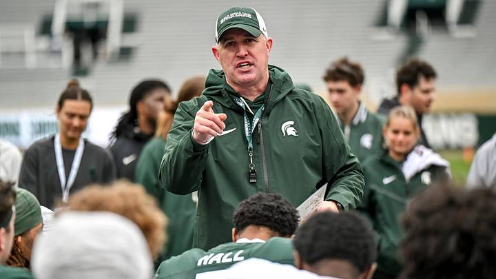 Michigan State's head coach Pat Fitzgerald addresses the team at the end of the football Spring Showcase on Saturday, April 18, 2026, at Spartan Stadium in East Lansing. Michigan State's head coach Pat Fitzgerald addresses the team at the end of the football Spring Showcase on Saturday, April 18, 2026, at Spartan Stadium in East Lansing.