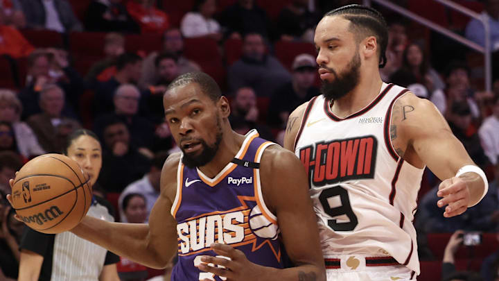Feb 12, 2025; Houston, Texas, USA; Phoenix Suns forward Kevin Durant (35) dribbles against Houston Rockets forward Dillon Brooks (9) in the first quarter at Toyota Center. Mandatory Credit: Thomas Shea-Imagn Images Feb 12, 2025; Houston, Texas, USA; Phoenix Suns forward Kevin Durant (35) dribbles against Houston Rockets forward Dillon Brooks (9) in the first quarter at Toyota Center. Mandatory Credit: Thomas Shea-Imagn Images