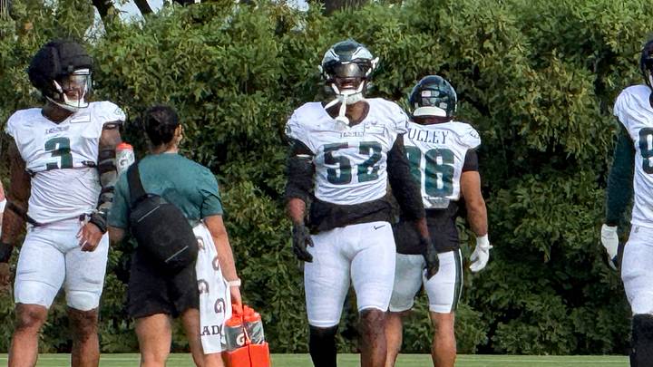 Eagles edge rusher Jonathan Greenard was in full pads on Sept. 9, 2026, after missing all of training camp with a pec strain, a good sign that he could play in Week 1.