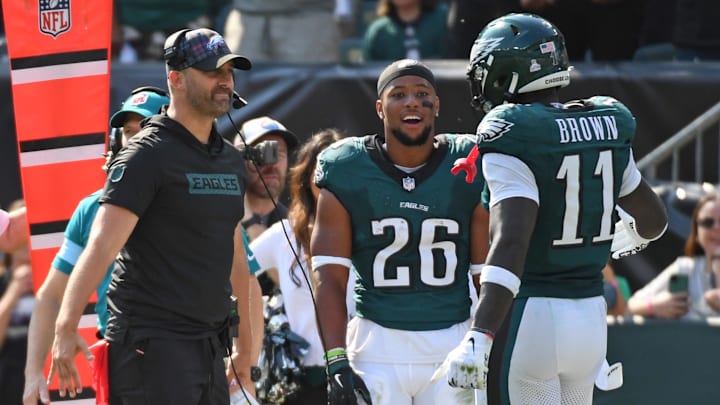 Oct 13, 2024; Philadelphia, Pennsylvania, USA; Philadelphia Eagles head coach Nick Sirianni and running back Saquon Barkley (26) celebrate touchdown catch by wide receiver A.J. Brown (11) against the Cleveland Browns during the second quarter at Lincoln Financial Field. Oct 13, 2024; Philadelphia, Pennsylvania, USA; Philadelphia Eagles head coach Nick Sirianni and running back Saquon Barkley (26) celebrate touchdown catch by wide receiver A.J. Brown (11) against the Cleveland Browns during the second quarter at Lincoln Financial Field.