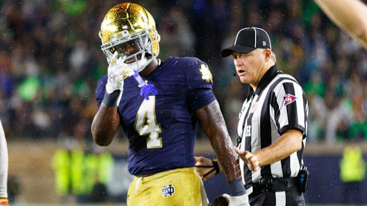 Notre Dame running back Jeremiyah Love (4) celebrates after getting a first down in the second half of a NCAA football game against Southern California at Notre Dame Stadium on Saturday, Oct. 18, 2025, in South Bend.