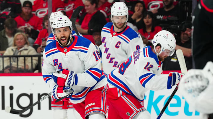 May 16, 2024; Raleigh, North Carolina, USA; New York Rangers center Vincent Trocheck (16) celebrates