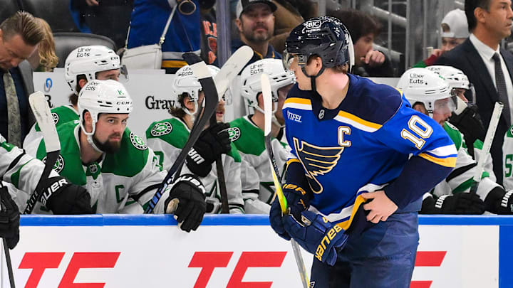 Jan 27, 2026; St. Louis, Missouri, USA; St. Louis Blues center Brayden Schenn (10) stares at Dallas Stars left wing Jamie Benn (14) after scoring during the third period at Enterprise Center. Mandatory Credit: Jeff Curry-Imagn Images