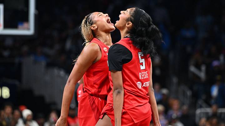 The Dream have won 16 straight games when Angel Reese (right) scores a three pointer. Reese had two in Atlanta’s dominant 80-69 win in Game 6. 