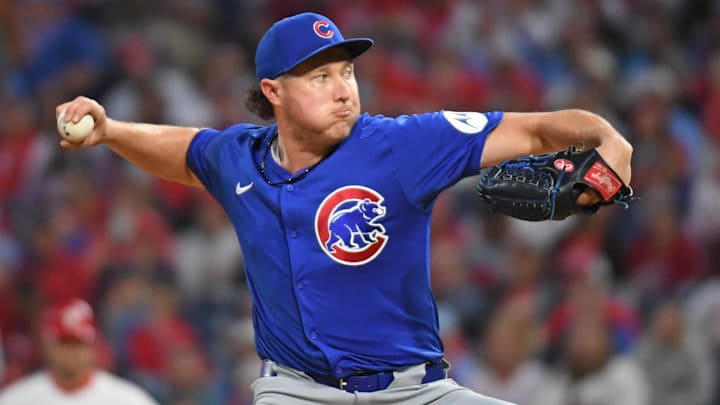 Sep 23, 2024; Philadelphia, Pennsylvania, USA; Chicago Cubs pitcher Nate Pearson (56) throws a pitch during the first inning against the Philadelphia Phillies at Citizens Bank Park.