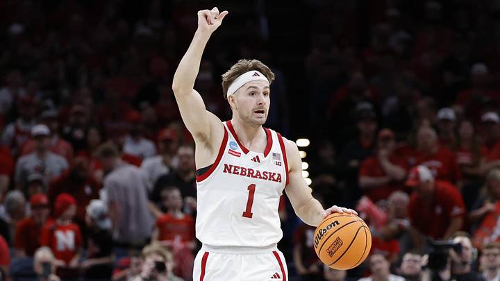 Mar 19, 2026; Oklahoma City, OK, USA; Nebraska Cornhuskers guard Sam Hoiberg (1) directs a play during the second half against the Troy Trojans during a first round game of the men's 2026 NCAA Tournament at Paycom Center. Mandatory Credit: Alonzo Adams-Imagn Images