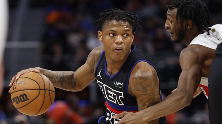 Mar 13, 2024; Detroit, Michigan, USA; Detroit Pistons guard Marcus Sasser (25) dribbles in the Mar 13, 2024; Detroit, Michigan, USA; Detroit Pistons guard Marcus Sasser (25) dribbles in the