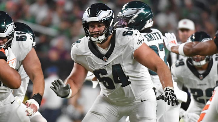 Aug 7, 2025; Philadelphia, Pennsylvania, USA; Philadelphia Eagles offensive tackle Brett Toth (64) blocks against the Cincinnati Bengals at Lincoln Financial Field.