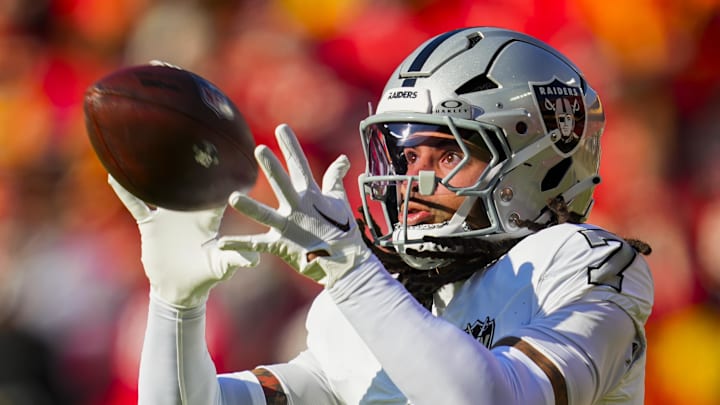 Nov 29, 2024; Kansas City, Missouri, USA; Las Vegas Raiders safety Tre'von Moehrig (7) warms up prior to a game against the Kansas City Chiefs at GEHA Field at Arrowhead Stadium. Mandatory Credit: Jay Biggerstaff-Imagn Images