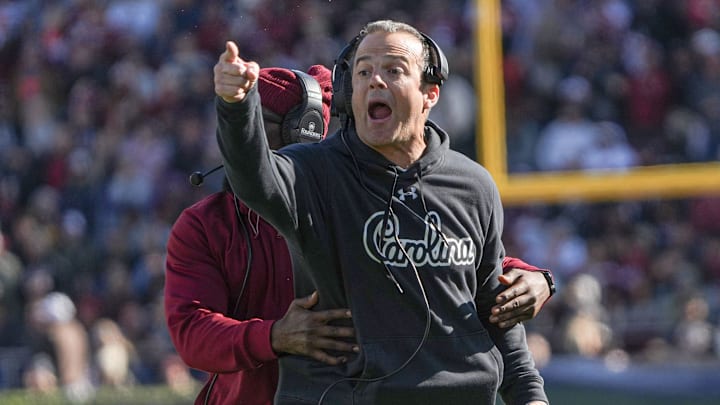 South Carolina Head Coach Shane Beamer disputes a pass interference call in the game with Clemson during the second quarter at Williams-Brice Stadium in Columbia, S.C. Saturday, November 29, 2025.