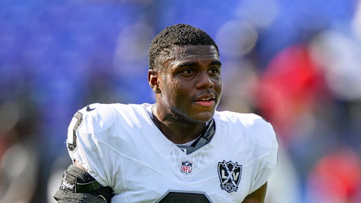 Sep 15, 2024; Baltimore, Maryland, USA; Las Vegas Raiders cornerback Jakorian Bennett (0) walks off of the field following the game against the Baltimore Ravens at M&T Bank Stadium. Mandatory Credit: Reggie Hildred-Imagn Images