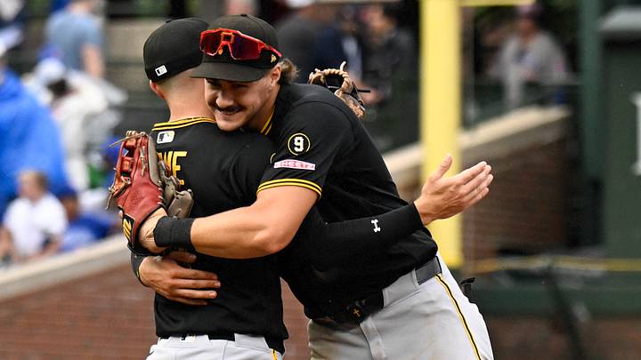 Sep 13, 2026; Chicago, Illinois, USA;  Pittsburgh Pirates shortstop Konnor Griffin (6) and second baseman Brandon Lowe (5) hug after the game against the Chicago Cubs at Wrigley Field.  Mandatory Credit: Matt Marton-Imagn Images