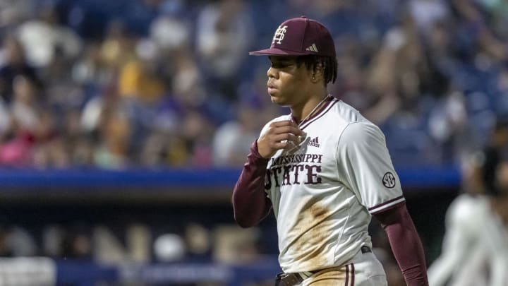 May 23, 2024; Hoover, AL, USA; Mississippi State Bulldogs pitcher Jurrangelo Cijntje (50) walks off after a defensive half inning against the Vanderbilt Commodores during the SEC Baseball Tournament at Hoover Metropolitan Stadium. May 23, 2024; Hoover, AL, USA; Mississippi State Bulldogs pitcher Jurrangelo Cijntje (50) walks off after a defensive half inning against the Vanderbilt Commodores during the SEC Baseball Tournament at Hoover Metropolitan Stadium.