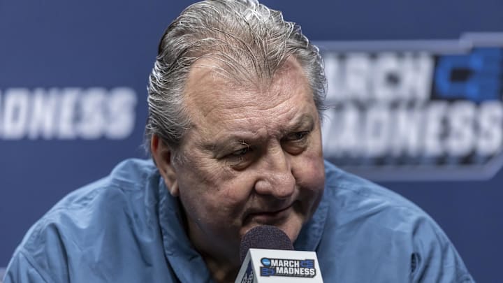 Mar 15, 2023; Birmingham, AL, USA; West Virginia Mountaineers head coach Bob Huggins talks with the media before practice at Legacy Arena. Mandatory Credit: Vasha Hunt-Imagn Images