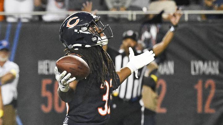 Aug 17, 2025; Chicago, Illinois, USA; Chicago Bears running back Ian Wheeler (33) raises his arms after scoring a touchdown during the second half against the Buffalo Bills at Soldier Field. Aug 17, 2025; Chicago, Illinois, USA; Chicago Bears running back Ian Wheeler (33) raises his arms after scoring a touchdown during the second half against the Buffalo Bills at Soldier Field.