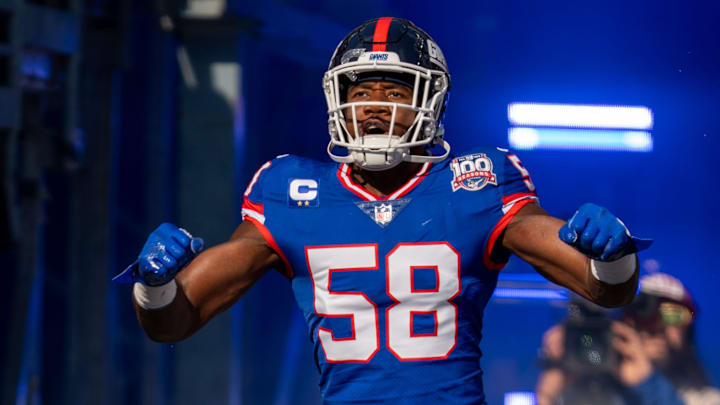 New York Giants linebacker Bobby Okereke (58) runs onto the field to start the game between the New York Giants and the Washington Commanders at MetLife Stadium in East Rutherford on Sunday, Nov. 3, 2024.
