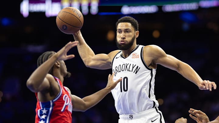Nov 22, 2024; Philadelphia, Pennsylvania, USA; Brooklyn Nets guard Ben Simmons (10) controls the ball against Philadelphia 76ers guard Tyrese Maxey (0) during the second quarter at Wells Fargo Center. Mandatory Credit: Bill Streicher-Imagn Images