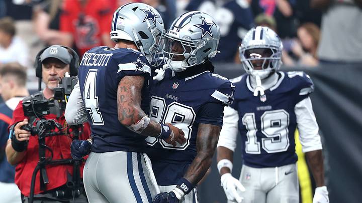 Dallas Cowboys quarterback Dak Prescott (4) reacts with wide receiver CeeDee Lamb (88) after a fourth quarter touchdown against the Houston Texans at Reliant Stadium. Mandatory Credit: Troy Taormina-Imagn Images Dallas Cowboys quarterback Dak Prescott (4) reacts with wide receiver CeeDee Lamb (88) after a fourth quarter touchdown against the Houston Texans at Reliant Stadium. Mandatory Credit: Troy Taormina-Imagn Images