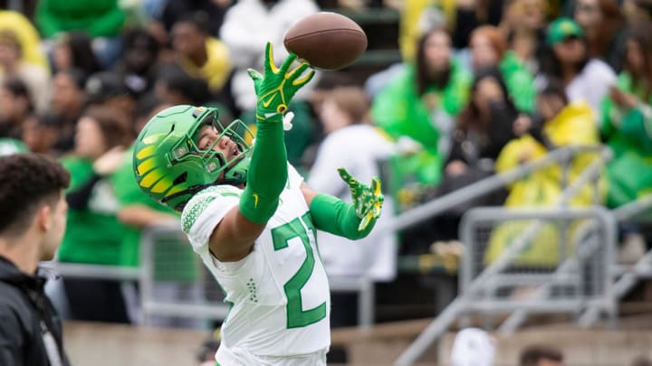 Oregon defensive back Aaron Flowers goes up for a pass during warmups ahead of the Oregon Ducks’ Spring Game Saturday, April 27. 2024 at Autzen Stadium in Eugene, Ore. Oregon defensive back Aaron Flowers goes up for a pass during warmups ahead of the Oregon Ducks’ Spring Game Saturday, April 27. 2024 at Autzen Stadium in Eugene, Ore.