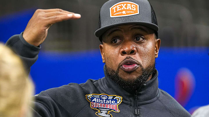 Dec 30, 2023; New Orleans, LA, USA; Texas Longhorns running backs coach Tashard Choice speaks to media at Texas Media Day at the Superdome. Mandatory Credit: Aaron E. Martinez/Austin American-Statesman-USA TODAY NETWORK