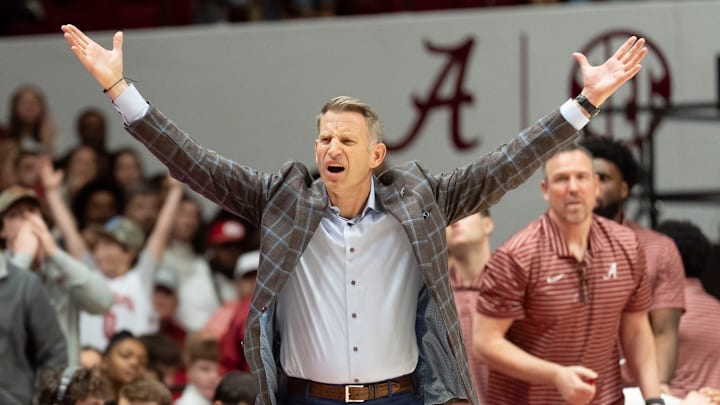 Feb 18, 2026; Tuscaloosa, AL, USA; Alabama head coach Nate Oats yells about a call he disagreed with during the game with Arkansas at Coleman Coliseum. Alabama defeated Arkansas 117-115 in double overtime. Mandatory Credit: Gary Cosby Jr.-Tuscaloosa News