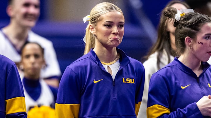 LSU Tigers Livvy Dunne looks on during the meet against the Georgia Bulldogs at Maravich Center.