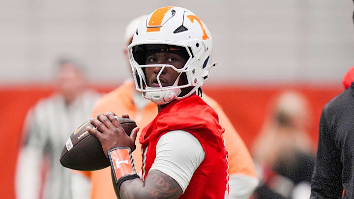 Tennessee quarterback Faizon Brandon (11) during the Vols' first spring football practice in Knoxville on March 16, 2026.