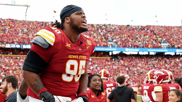 Sep 6, 2025; Ames, Iowa, USA; Iowa State Cyclones defensive lineman Domonique Orange (95) reacts late in the second half against the Iowa Hawkeyes at Jack Trice Stadium. Mandatory Credit: Reese Strickland-Imagn Images