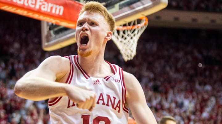 Indiana's Luke Goode (10) celebrates during the Indiana versus Purdue mens basketball game at Simon Skjodt Assembly Hall on Sunday, Feb. 23, 2025.