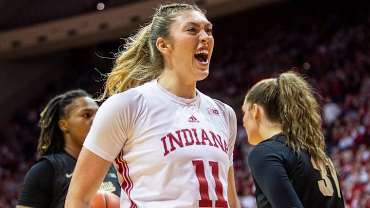 Indiana's Karoline Striplin (11) celebrates during the Indiana versus Purdue women's basketball game at Simon Skjodt Assembly Hall on Saturday, Feb. 15, 2025.