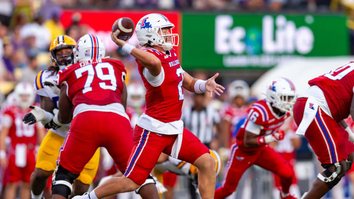 Bulldogs quarterback Trey Kukuk 2 throws a pass as the LSU Tigers take on the Louisiana Tech. Sept 6, 2025; Baton Rouge, Louisiana, USA; at Tiger Stadium.