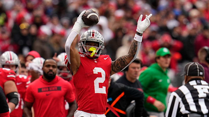 Ohio State Buckeyes wide receiver Emeka Egbuka (2) celebrates a first down catch during the second half of the NCAA football game against the Indiana Hoosiers at Ohio Stadium in Columbus on Saturday, Nov. 23, 2024. Ohio State won 38-15.