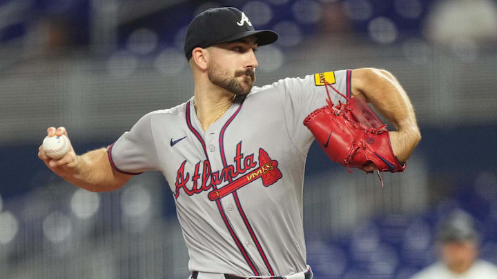 Aug 25, 2025; Miami, Florida, USA;  Atlanta Braves starting pitcher Spencer Strider (99) pitches against the Miami Marlins in the first inning at loanDepot Park. 