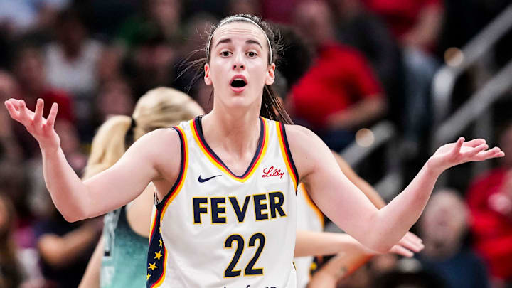 Indiana Fever guard Caitlin Clark (22) reacts to the officiating Saturday, May 24, 2025, during a game between the Indiana Fever and the New York Liberty at Gainbridge Fieldhouse in Indianapolis. The New York Liberty defeated the Indiana Fever, 90-88.