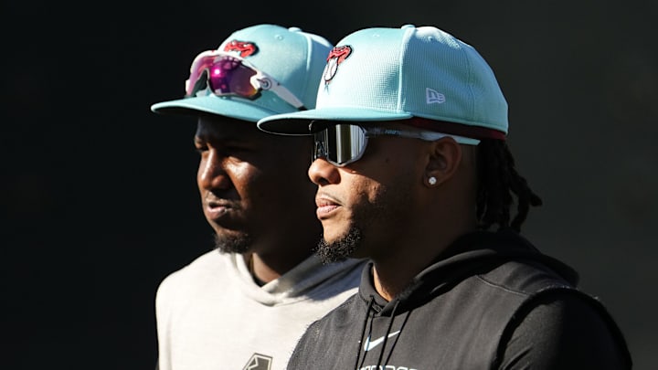 Arizona Diamondbacks Ketel Marte and Geraldo Perdomo during spring training workouts at Salt River Fields at Talking Stick near Scottsdale on Feb. 19, 2024.