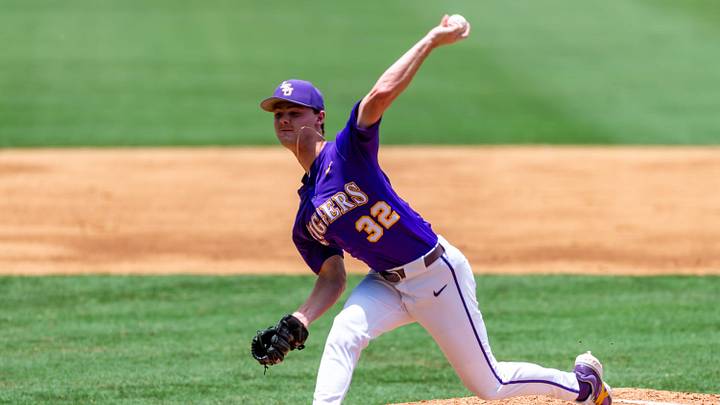 Starting pitcher Kade Anderson 32 on the mound as The LSU Tigers take on the West Virginia Mountaineers in game 1 of the 2025 NCAA Div 1 Super Regional Baseball Championship at Alex Box Stadium in Baton Rouge, LA. Saturday, June 7, 2025.