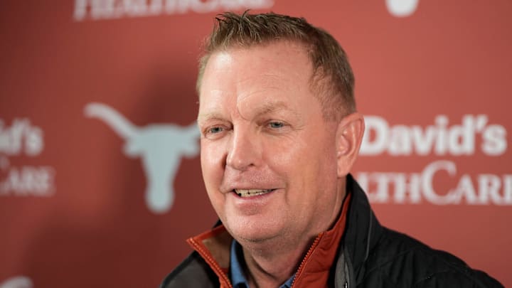 Texas Longhorns head coach Jim Schlossnagle speaks at a news conference at UFCU Disch-Falk Field Tuesday February 11, 2025. Texas Longhorns head coach Jim Schlossnagle speaks at a news conference at UFCU Disch-Falk Field Tuesday February 11, 2025.