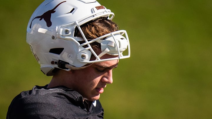 Texas Longhorns quarterback Arch Manning (16) takes a break during practice on the University of Texas campus in Austin, Dec. 27, 2024 ahead of the second round playoff game against Arizona State in the Peach Bowl on the New Years Day.