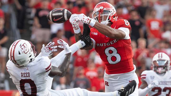 Massachusetts Minutemen at Rutgers Scarlet Knights football in Piscataway, New Jersey on Thursday, September 3, 2026. Rutgers #KJ Duff attempts to make a catch as UMASS #0 Isiah Reed breaks up the play. Massachusetts Minutemen at Rutgers Scarlet Knights football in Piscataway, New Jersey on Thursday, September 3, 2026. Rutgers #KJ Duff attempts to make a catch as UMASS #0 Isiah Reed breaks up the play.