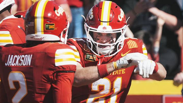 Iowa State running back Aiden Flora (21) celebrates with wide receiver Cody Jackson (2) after scoring his second touchdown of the game during the fourth quarter of a Big 12 Conference football game on Oct. 3, 2026, at Jack Trice Stadium in Ames, Iowa. Iowa State running back Aiden Flora (21) celebrates with wide receiver Cody Jackson (2) after scoring his second touchdown of the game during the fourth quarter of a Big 12 Conference football game on Oct. 3, 2026, at Jack Trice Stadium in Ames, Iowa.