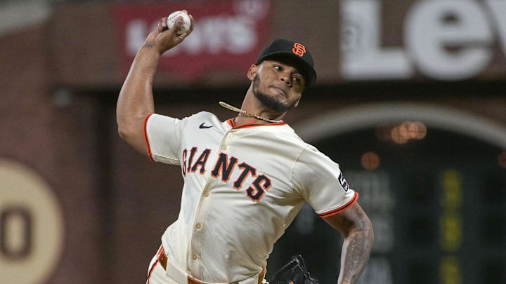 Jul 7, 2025; San Francisco, California, USA; San Francisco Giants pitcher Camilo Doval (75) throws a pitch against the Philadelphia Phillies during the ninth inning at Oracle Park. 