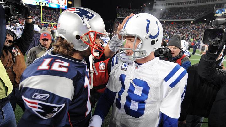 Indianapolis Colts quarterback Peyton Manning, right, meets with New England Patriots quarterback Tom Brady Indianapolis Colts quarterback Peyton Manning, right, meets with New England Patriots quarterback Tom Brady