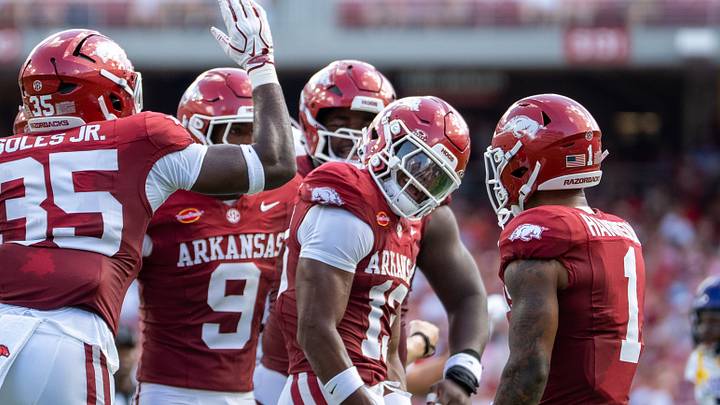 Arkansas Razorbacks defense celebrates after Carter Stoutmire's tackle for loss against North Alabama on Saturday, Sept. 5, 2026. Arkansas Razorbacks defense celebrates after Carter Stoutmire's tackle for loss against North Alabama on Saturday, Sept. 5, 2026.