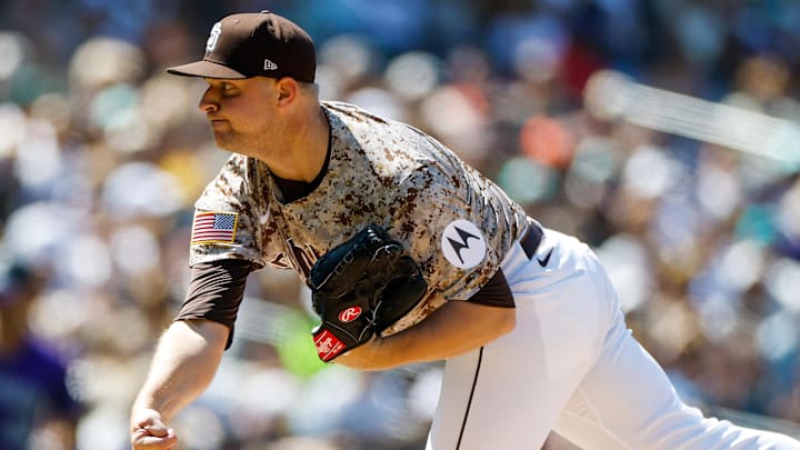 Apr 13, 2025; San Diego, California, USA; San Diego Padres starting pitcher Michael King (34) throws a pitch during the sixth inning against the Colorado Rockies at Petco Park. Mandatory Credit: David Frerker-Imagn Images