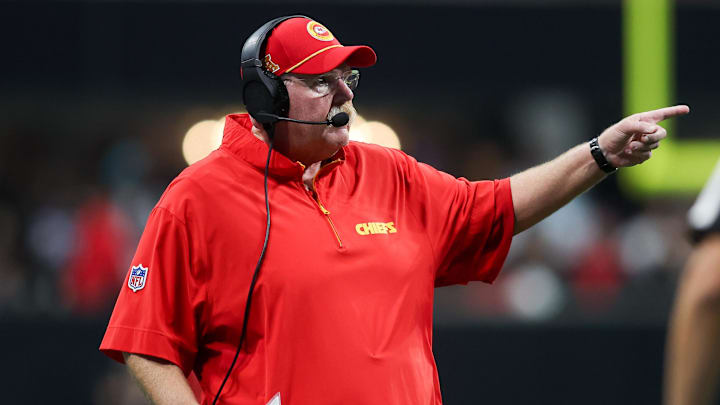 Sep 22, 2024; Atlanta, Georgia, USA; Kansas City Chiefs head coach Andy Reid on the sideline against the Atlanta Falcons in the fourth quarter at Mercedes-Benz Stadium. Mandatory Credit: Brett Davis-Imagn Images