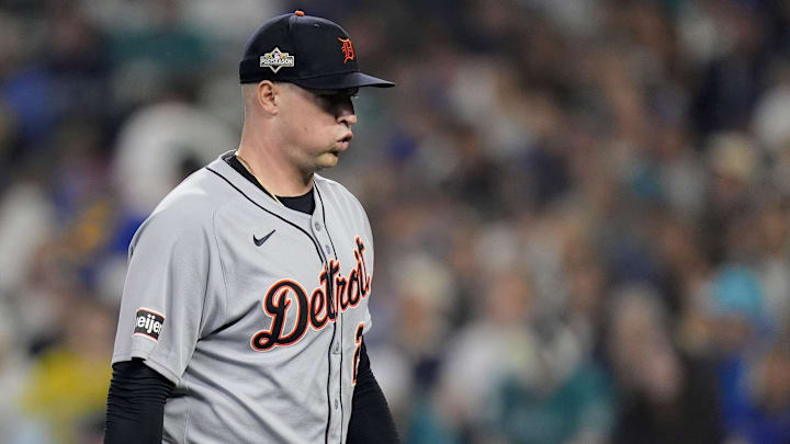 Tigers pitcher Tarik Skubal walks off the field after pitching the first inning against Mariners at ALDS Game 5 at T-Mobile Park in Seattle on Friday, Oct. 10, 2025.