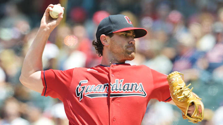 Jul 9, 2023; Cleveland, Ohio, USA; Cleveland Guardians starting pitcher Shane Bieber (57) throws a pitch during the second inning against the Kansas City Royals at Progressive Field. Mandatory Credit: Ken Blaze-Imagn Images