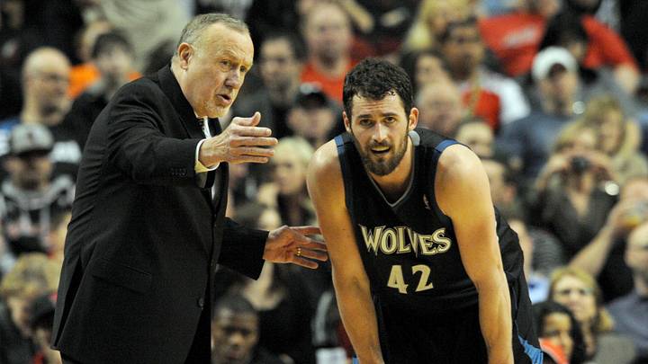 Mar. 3, 2012; Portland, OR, USA; Minnesota Timberwolves head coach Rick Adelman speaks with Minnesota Timberwolves power forward Kevin Love (42) during the fourth quarter of the game against the Portland Trail Blazers at the Rose Garden. Love scored 42 points as the Timberwolves won the game 122-110. Mar. 3, 2012; Portland, OR, USA; Minnesota Timberwolves head coach Rick Adelman speaks with Minnesota Timberwolves power forward Kevin Love (42) during the fourth quarter of the game against the Portland Trail Blazers at the Rose Garden. Love scored 42 points as the Timberwolves won the game 122-110.